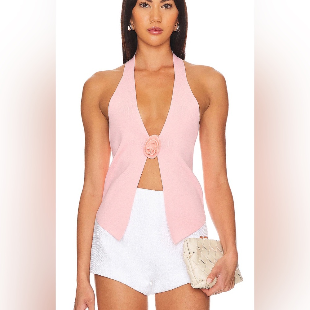 Sleeveless Halter Rose-Accent Top in Light Pink